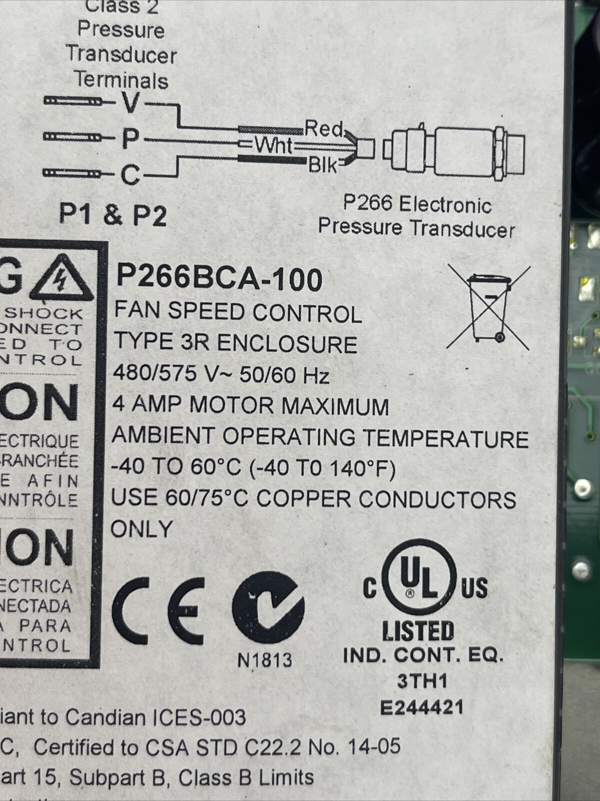 JOHNSON CONTROLS P266BCA-100 FAN SPEED CONTROL TYPE 3R ENCLOSURE 480/575VAC 4AMP
