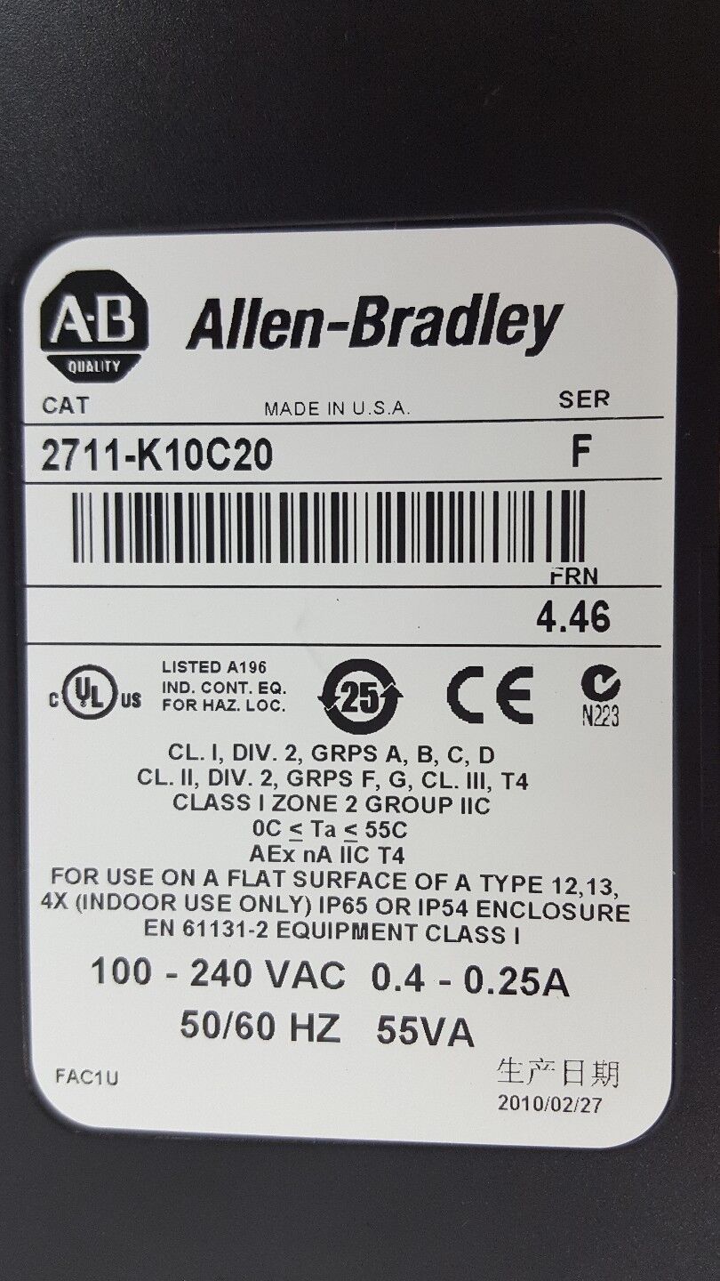 ALLEN BRADLEY PANELVIEW 1000 TOUCH SCREEN 2711-K10C20 SERIES F FRN 4.46