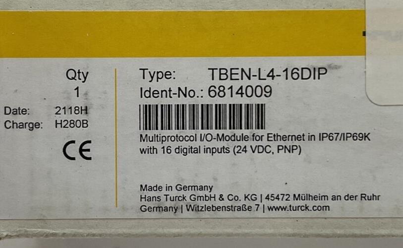 TURCK TBEN-L4-16DIP MULTIPROTOCOL I/O MODULE FOR ETHERNET 16 DIGITAL INPUT 24VDC
