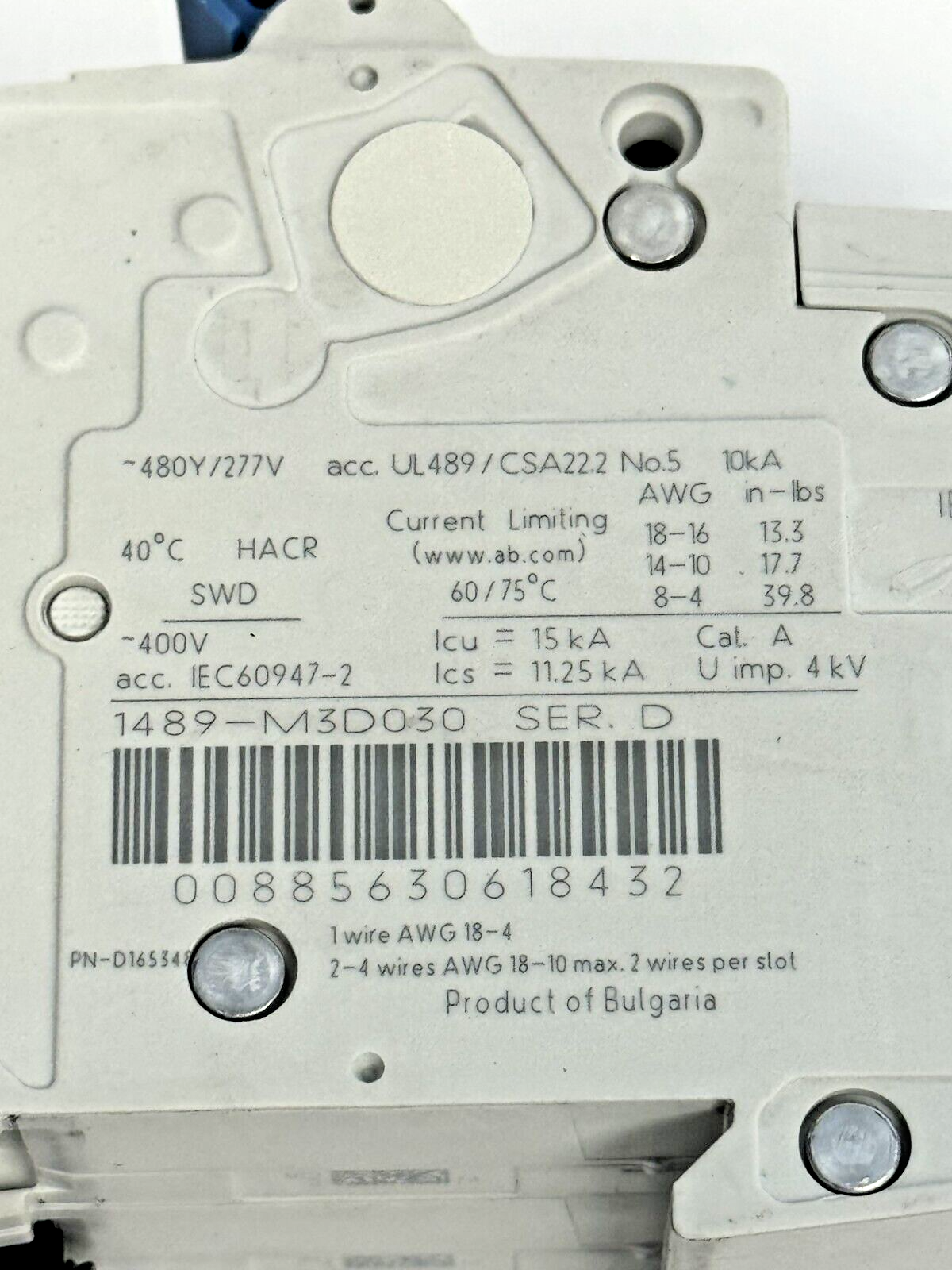 ALLEN-BRADLEY - 1489-M3D030 SER. D - CIRCUIT BREAKER - 3 P, 3 A, 277 V