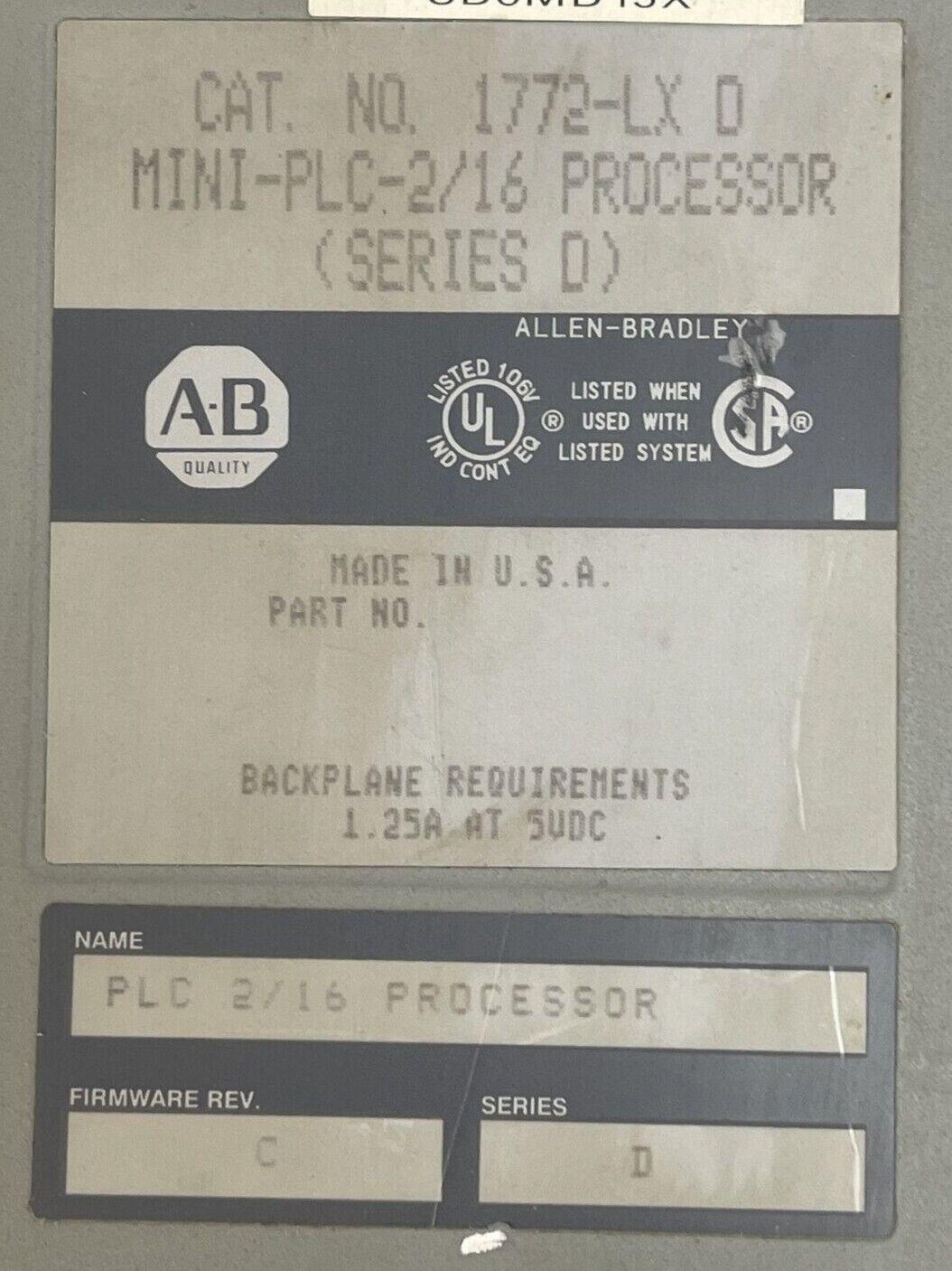 ALLEN BRADLEY 1772-LX MINI-PLC-2/16 PROCESSOR SER D FIRMWARE REV C 1.25A @ 5VDC