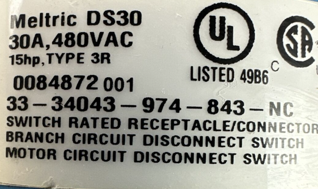MELTRIC DS30 30A 480VAC 15HP TYPE 3R 33-34043-974-843-NC RECEPTACLE/CONNECTOR
