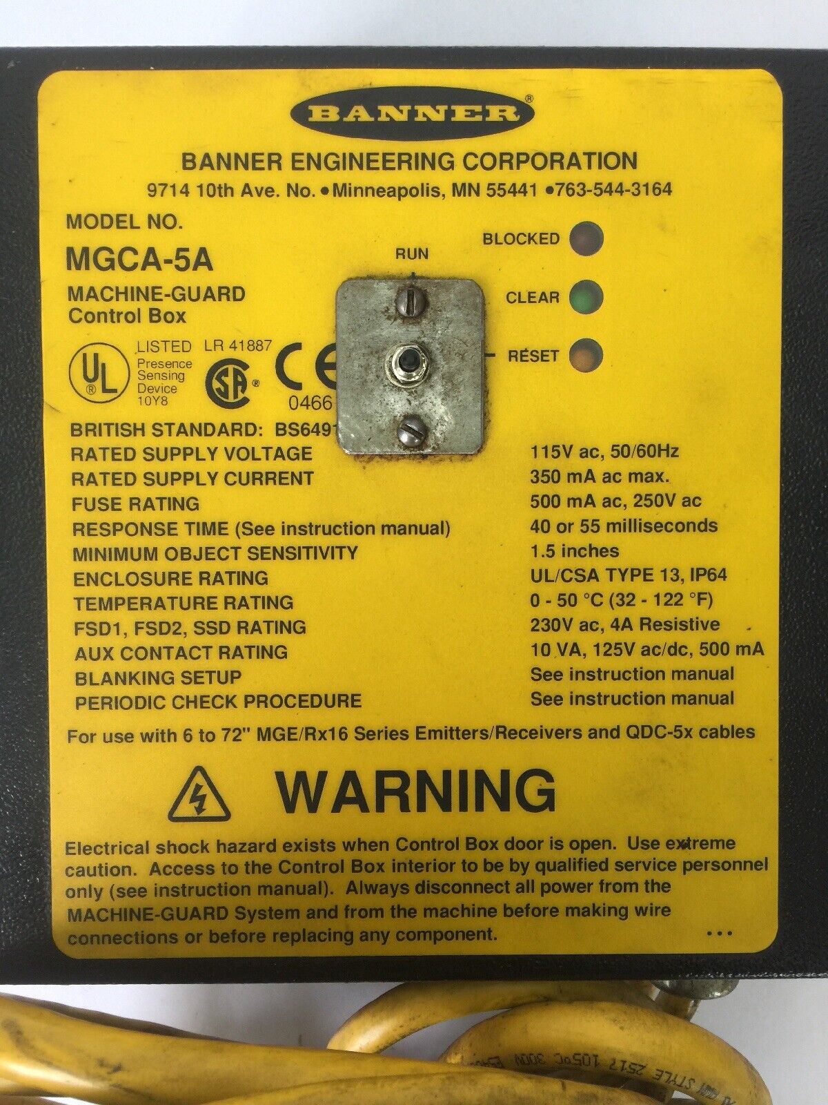 BANNER MGCA-5A MACHINE-GUARD CONTROL BOX 115VAC