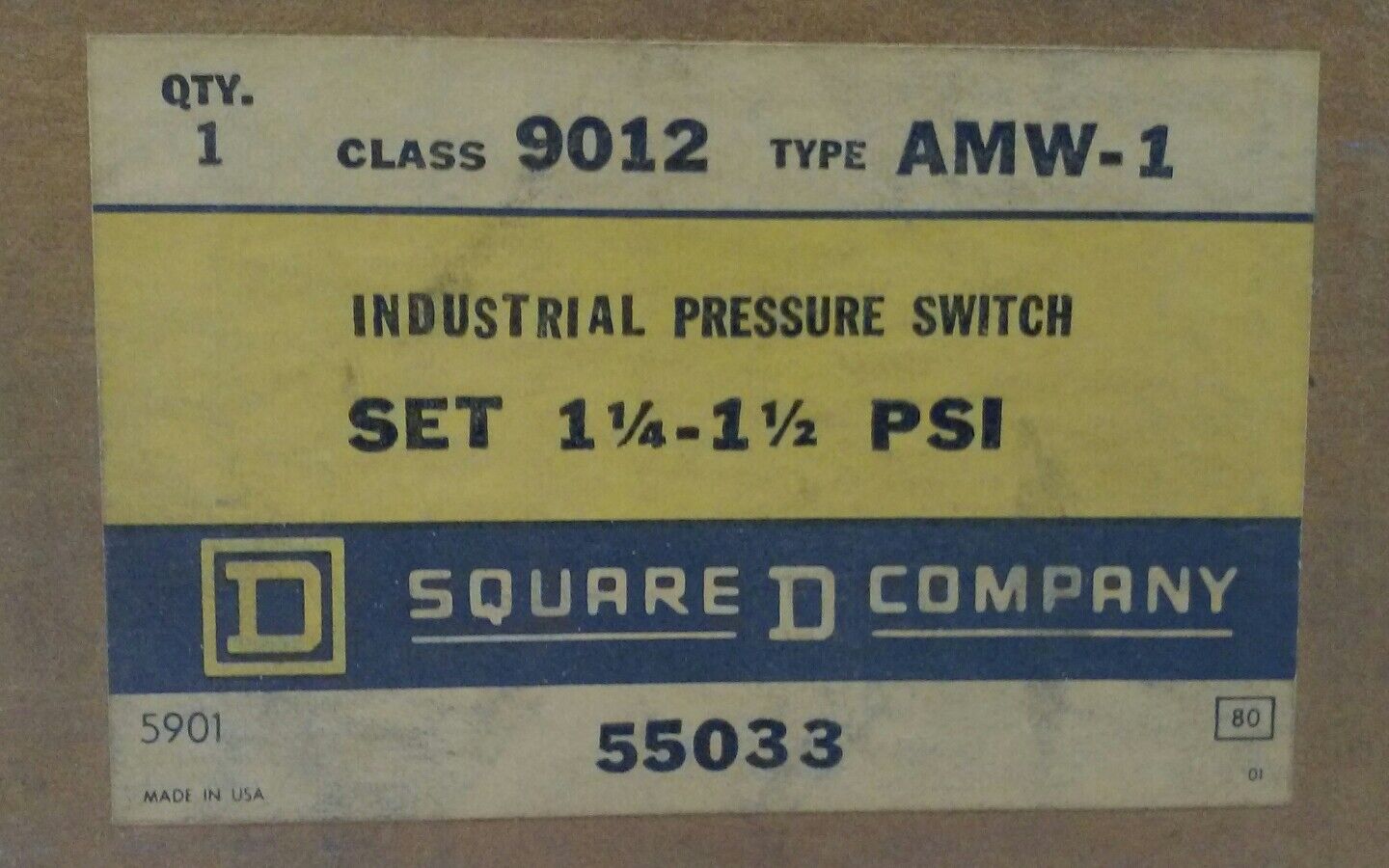 SQUARE D 9012 AMW-1 PRESSURE SWITCH RANGE .25-2.5 PSI DIFFERENTIAL .2-2 PSI