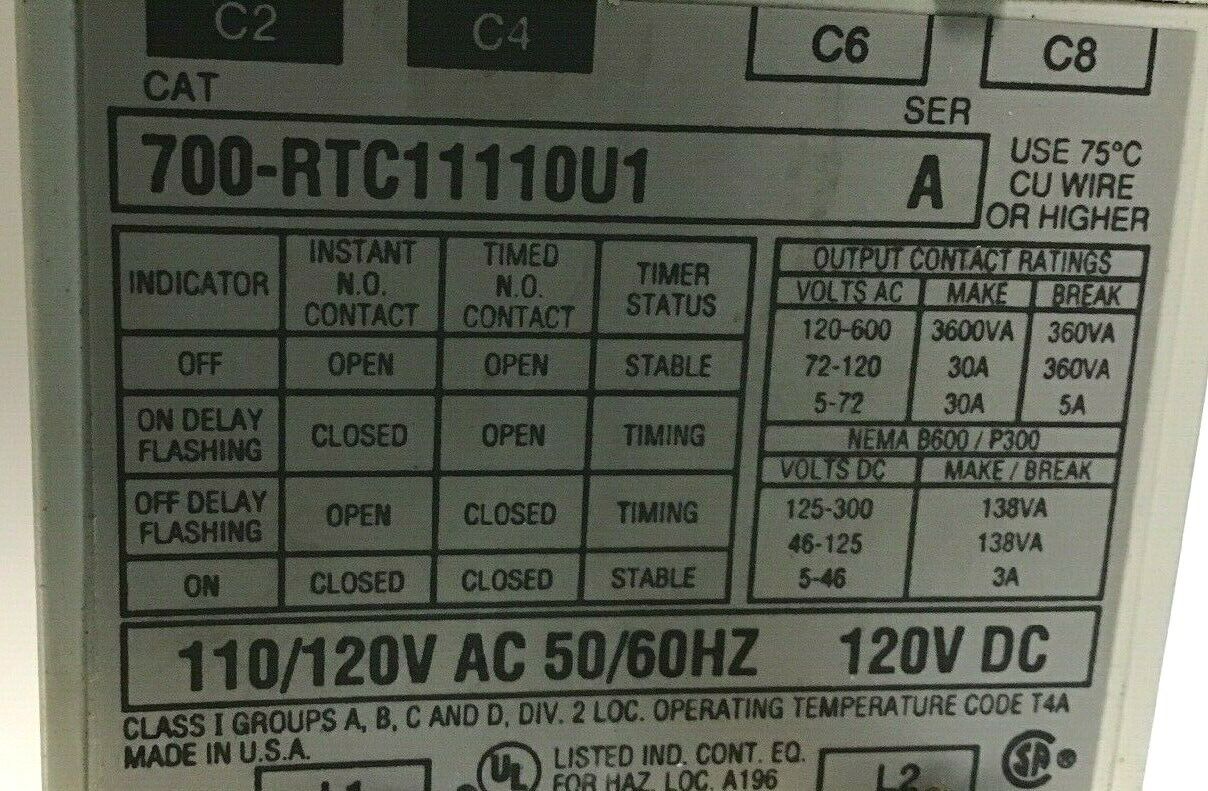 ALLEN BRADLEY 700-RTC11110U1 TIMING RELAY SER.A 110/120VAC 50/60HZ 120VDC
