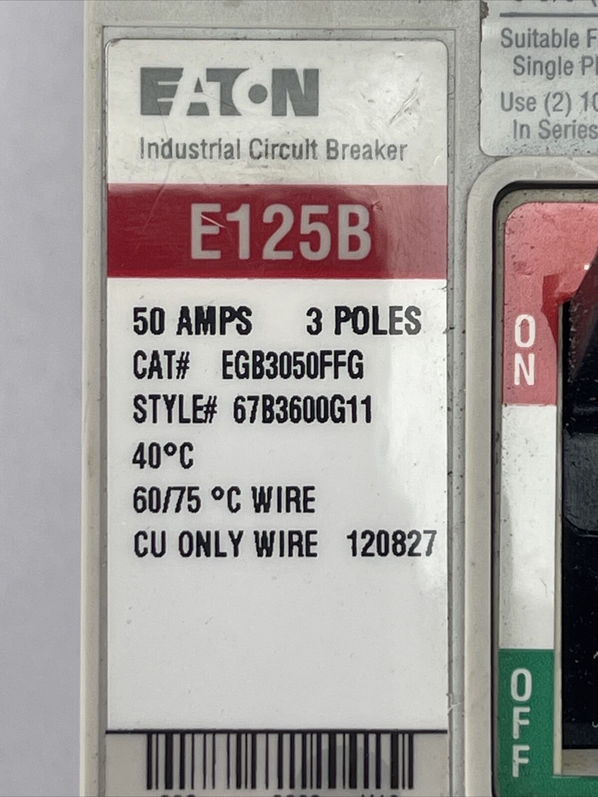 EATON EGB3050FFG INDUSTRIAL CIRCUIT BREAKER 50AMP 3POLE 250VDC 480VAC 67B3600G11