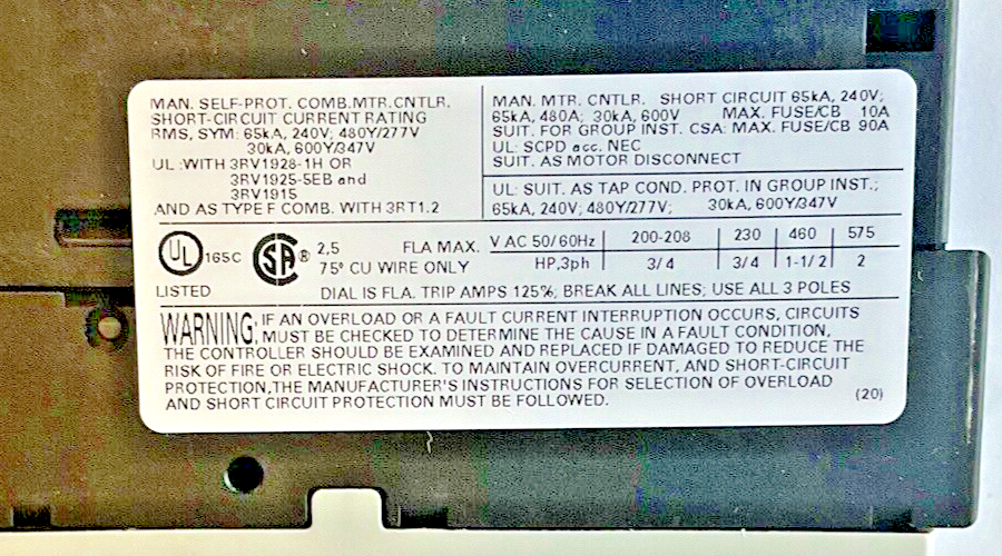 SIEMENS 3RV1021-1CA10 MOTOR CONTROL 1.8-2.5A