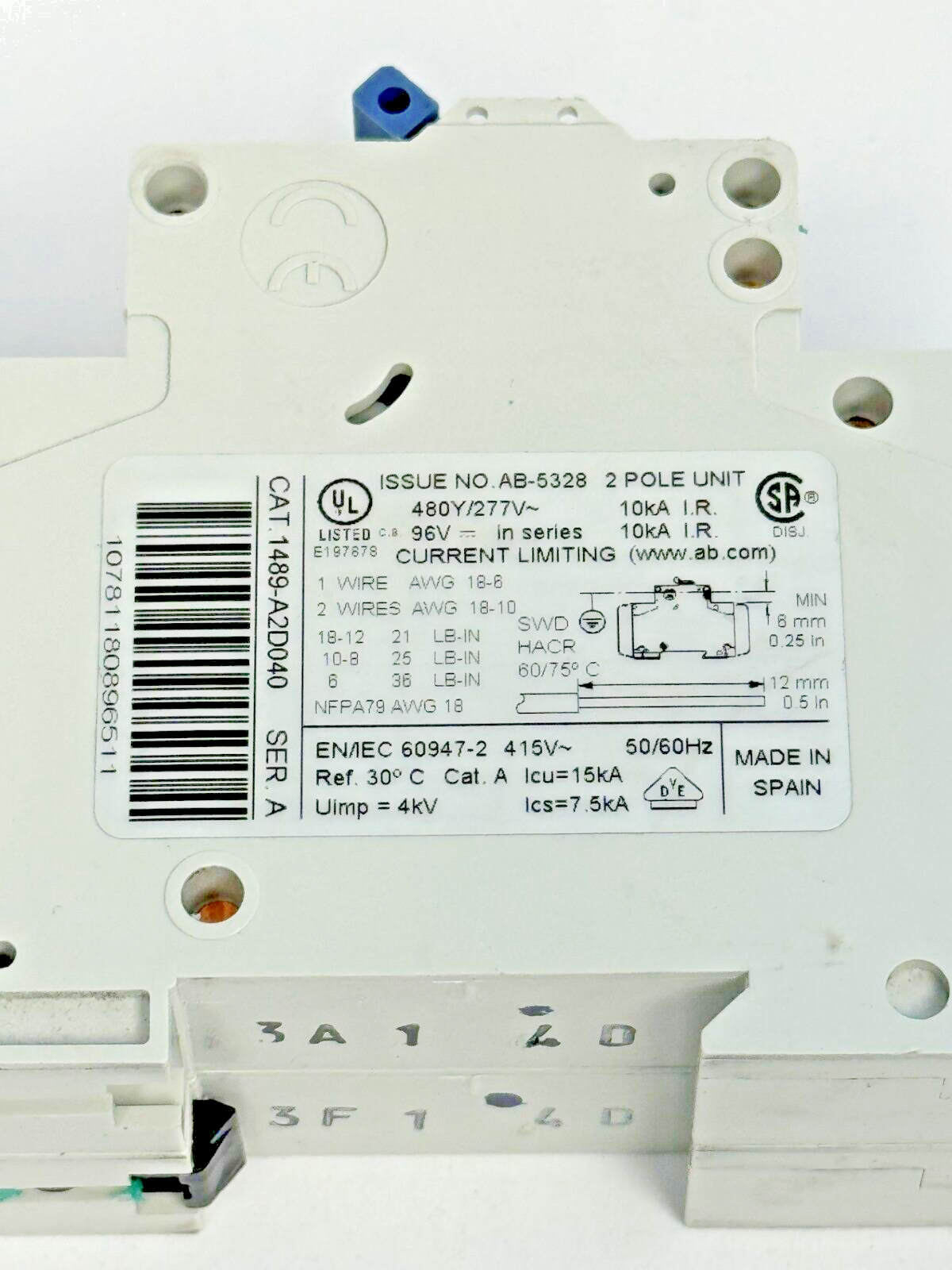 ALLEN-BRADLEY - 1489-A2D040 SER. A - BREAKER - 2P, 4 A, 277 V