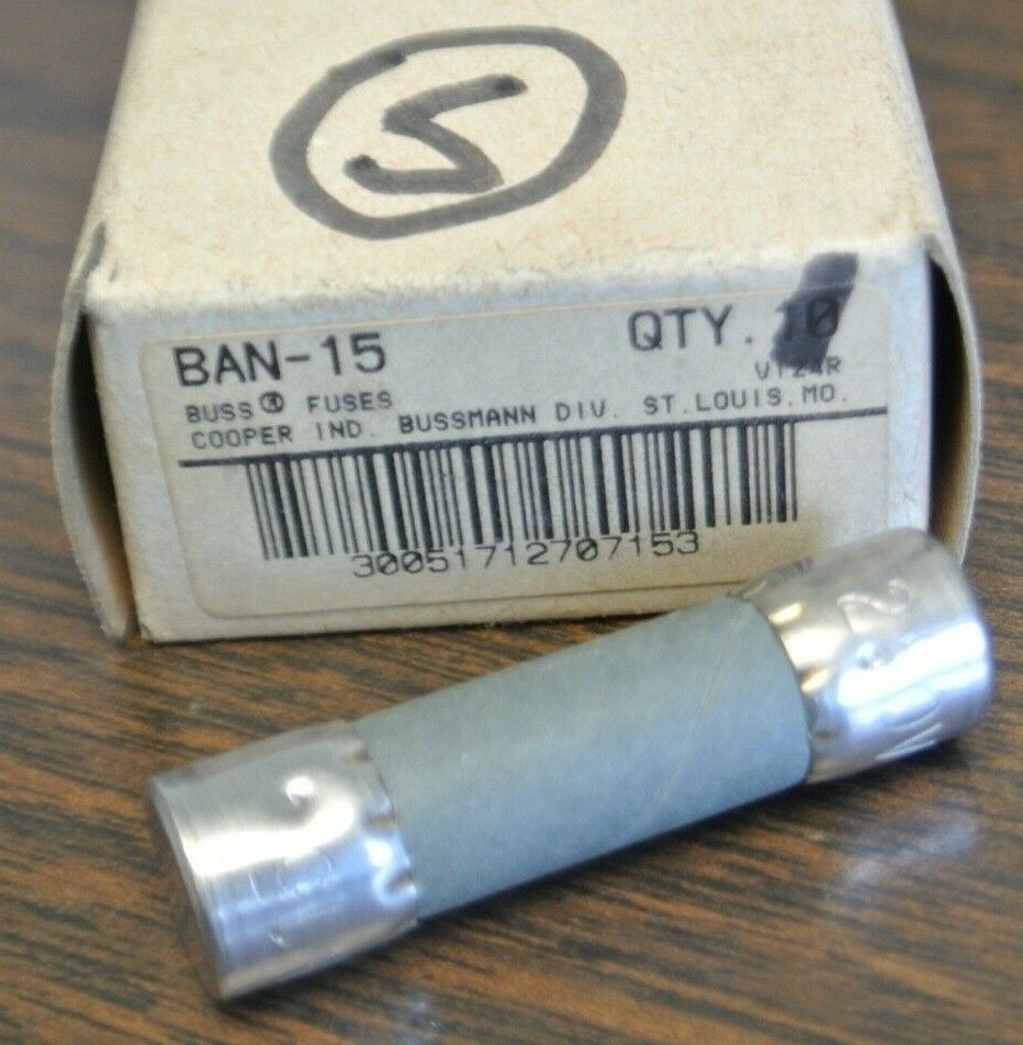 BOX of 5 / BUSS BAN-15 MIDGET FUSE / 15A / 250V / NEW SURPLUS / BAN15