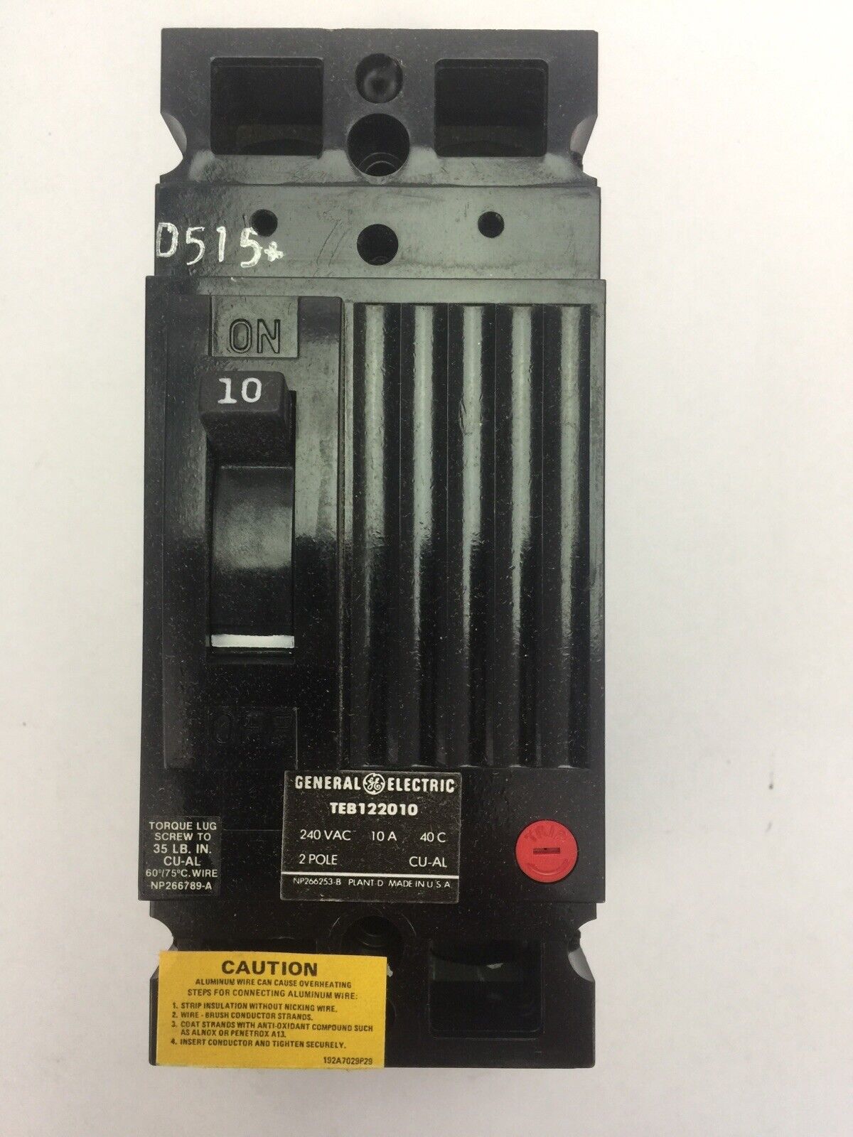 GE TEB122010WL CIRCUIT BREAKER 10AMP 240VAC 2POLE
