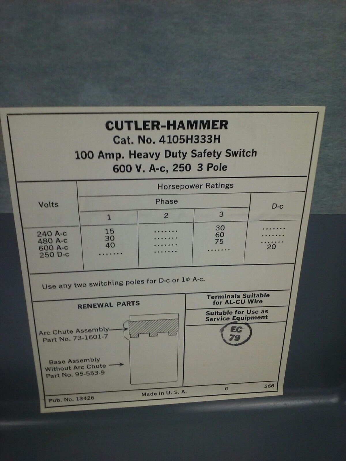 CUTLER HAMMER 4105H333H NON FUSIBLE HD SAFETY SWITCH 3P 100A 600VAC/250VDC 75HP