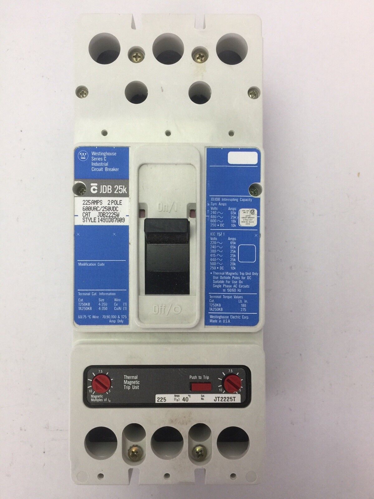 WESTINGHOUSE JDB2225W INDUSTRIAL CIRCUIT BREAKER SER C 225A 2P 600VAC 250VDC