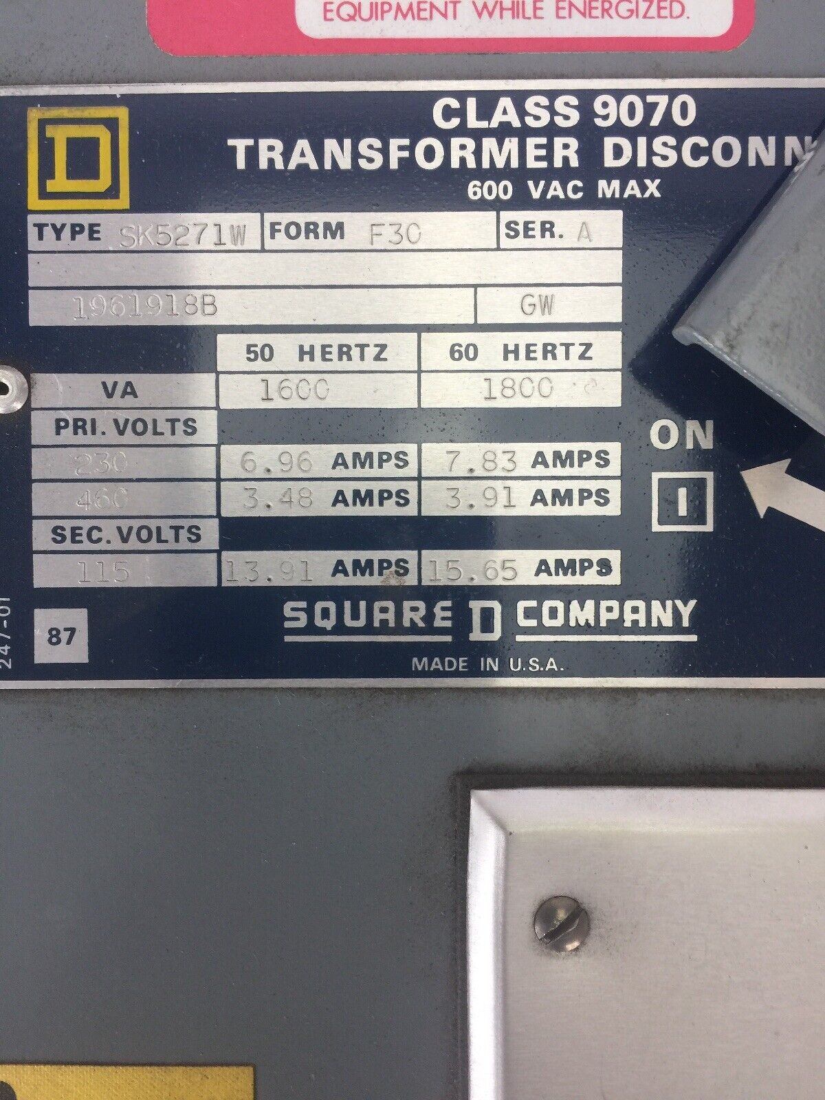 SQUARE D 9070 SK5271W TRANSFORMER DISCONNECT 600VAC EO-91 TRANSFORMER 2.0KVA