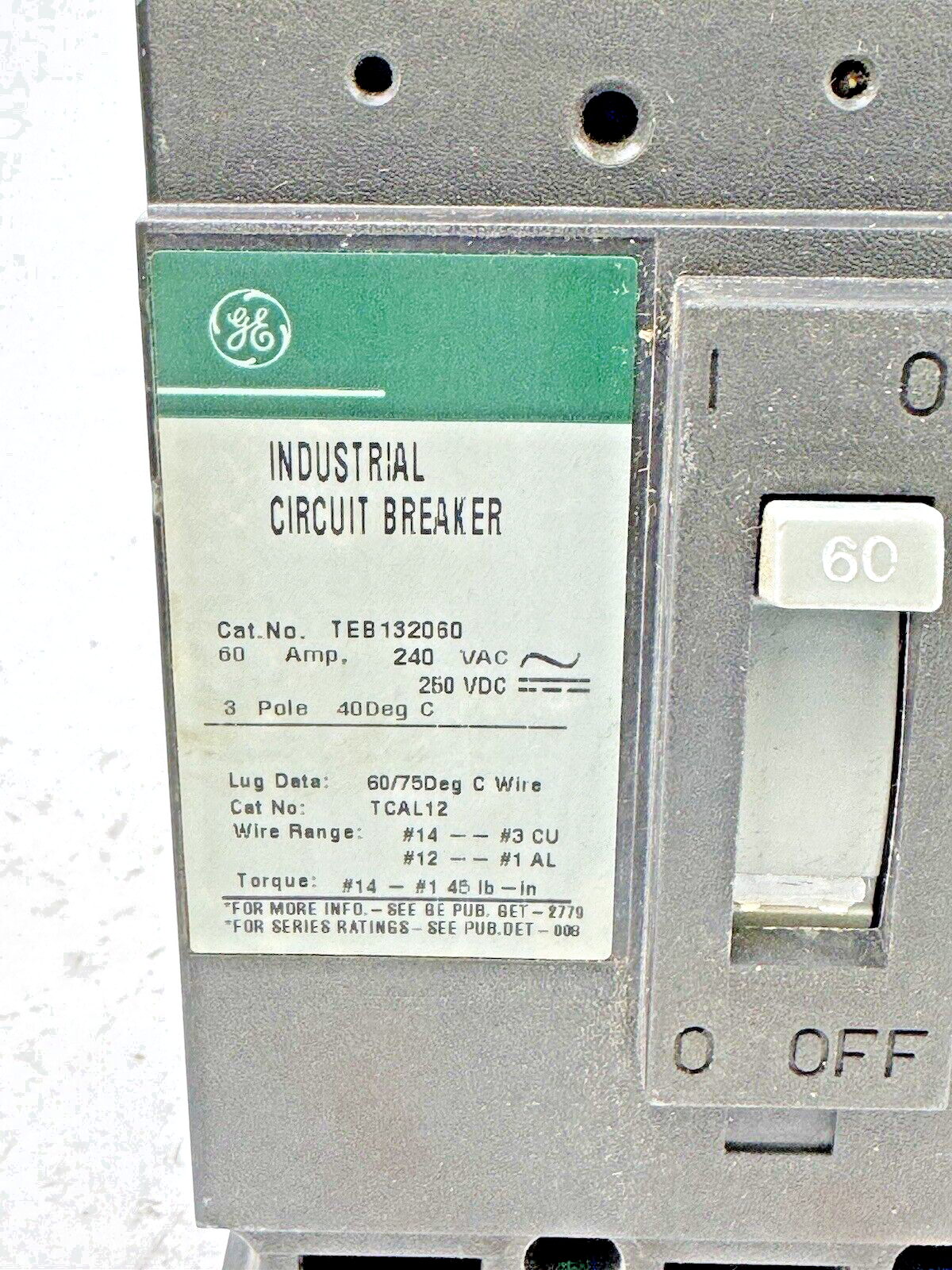 GE - TEB132060 - INDUSTRIAL CIRCUIT BREAKER - 60 A, 240 VAC, 250 VDC, 3 POLE