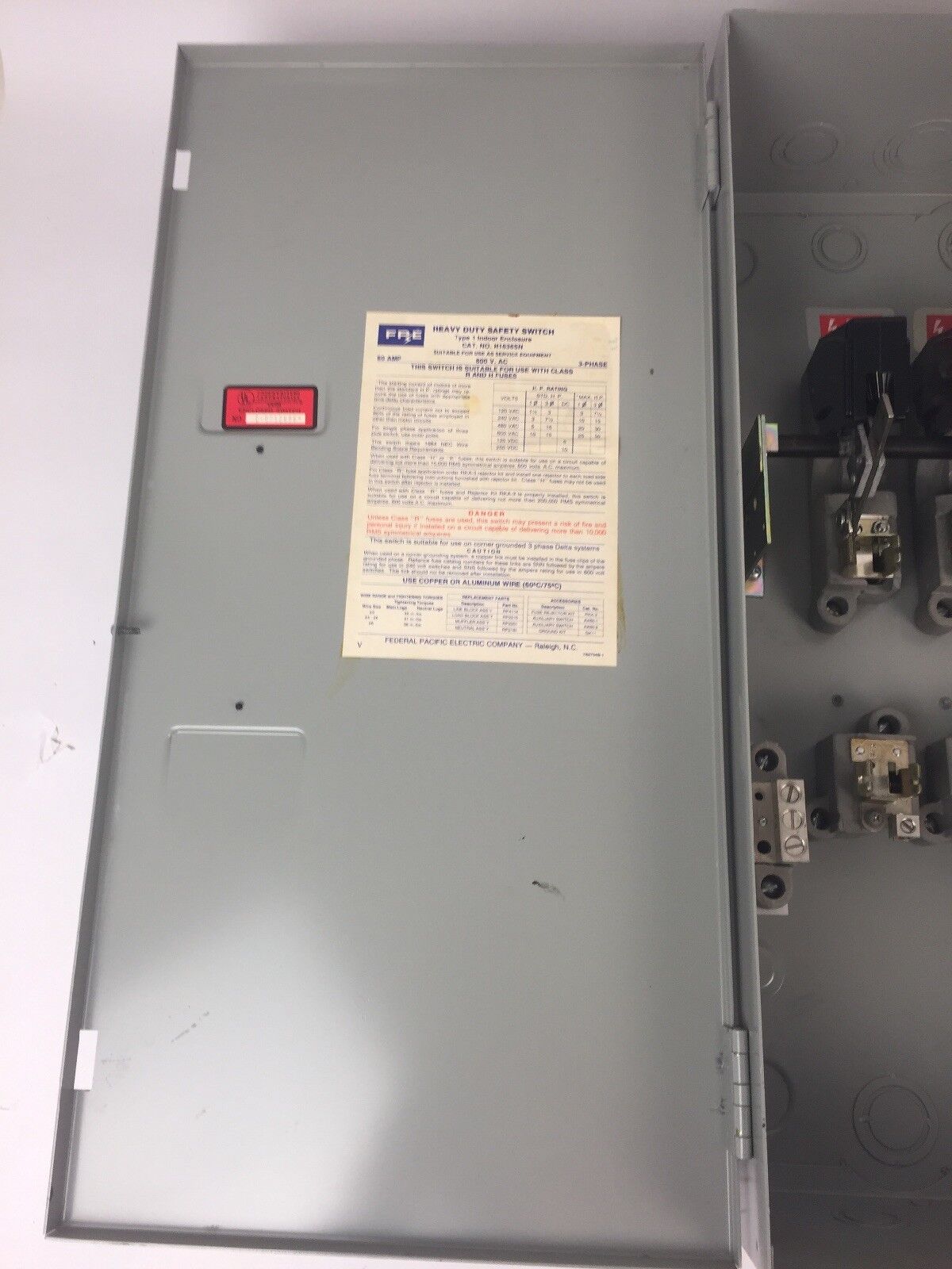 FPE H1636SN FUSIBLE HD SAFETY SWITCH 600VAC 250VDC 60AMP 50HP 3PH 3 POLE TYPE 1
