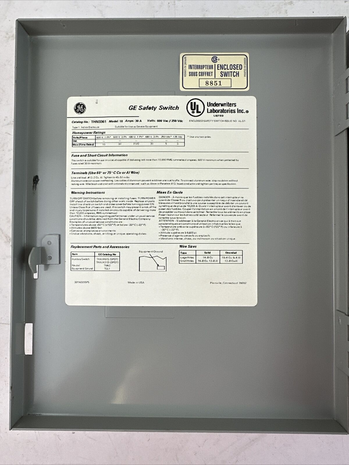 GE THN3361 MODEL 10 SAFETY SWITCH 30A 600VAC 3PH 30HP 250VDC 5HP NON-FUSIBLE