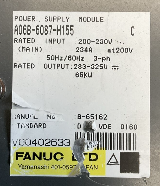 FANUC A06B-6087-H155 SER C POWER SUPPLY OUTPUT 283-325VDC INPUT 200-230VAC