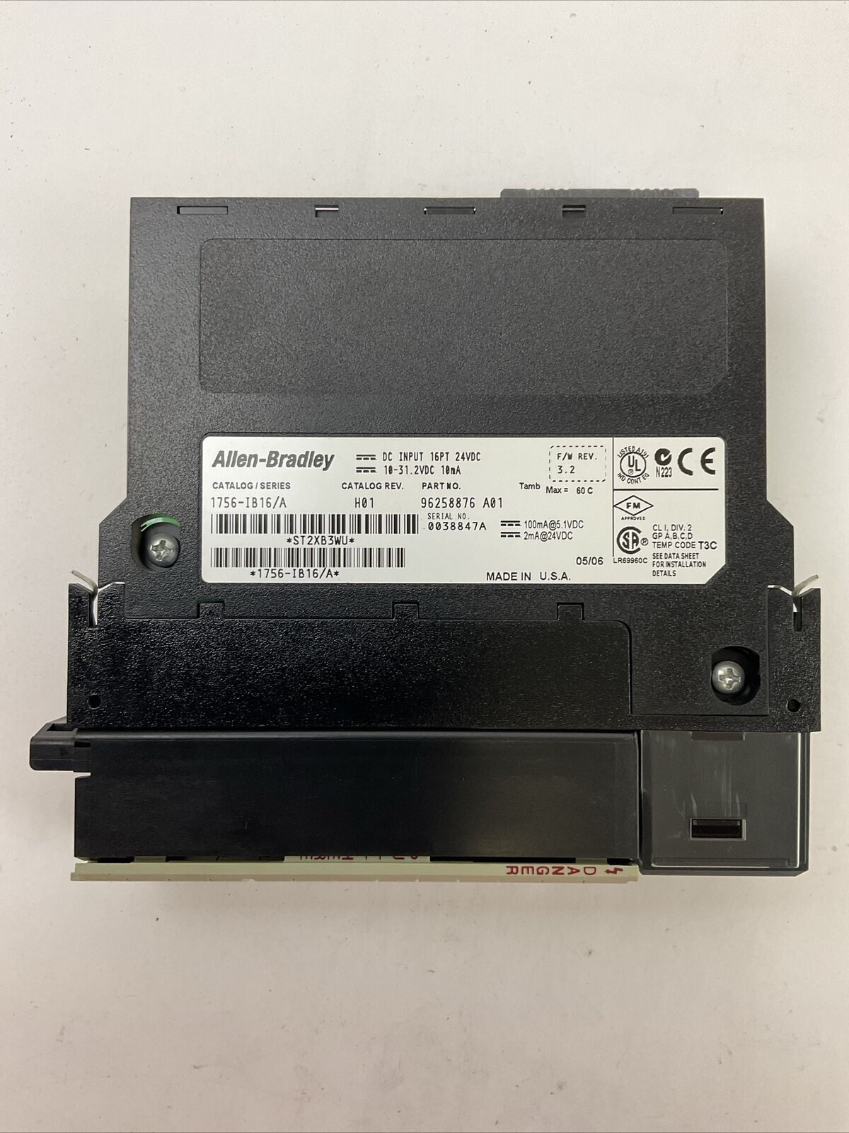 ALLEN BRADLEY 1756-IB16 SER A CAT REV H01 F/W REV 3.2 DC INPUT 16PT 24VDC