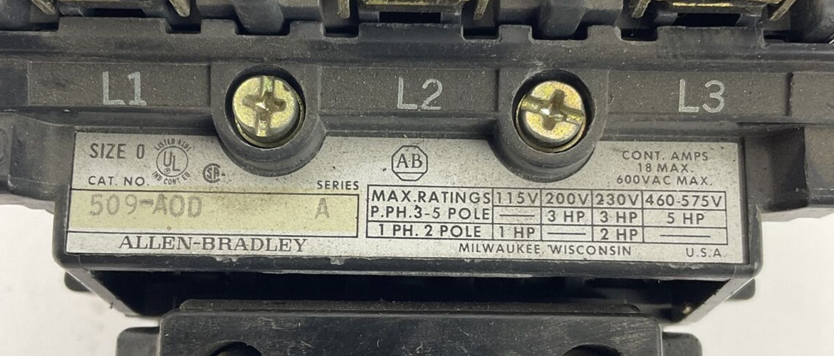 ALLEN BRADLEY509-AOD STARTER SER.A 600VAC 5HP CB236 120V COIL NO HEATERS