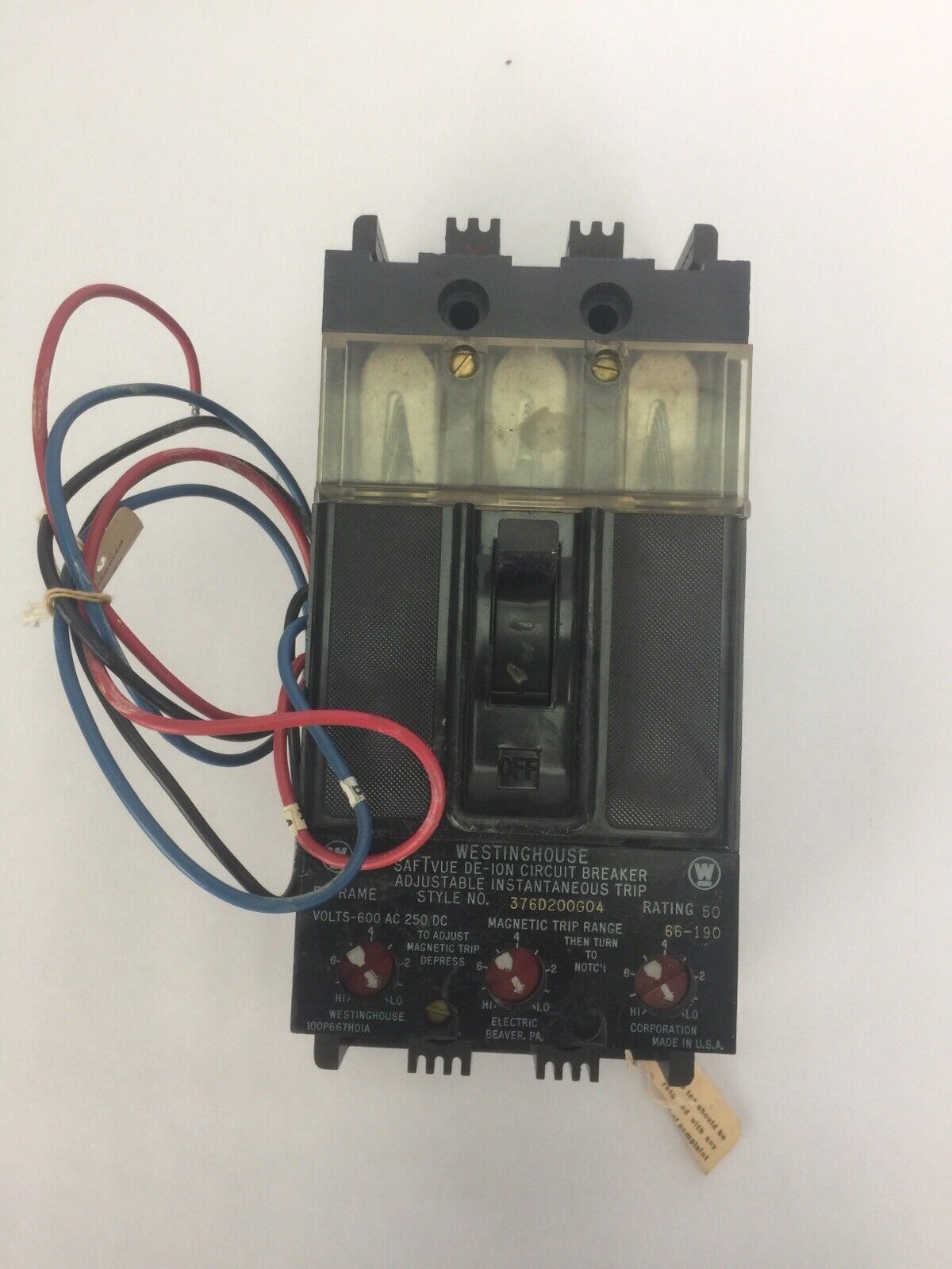 WESTINGHOUSE F3050S SAFTVUE DE-ION CIRCUIT BREAKER 50A 600VAC 250VDC 376D200G04