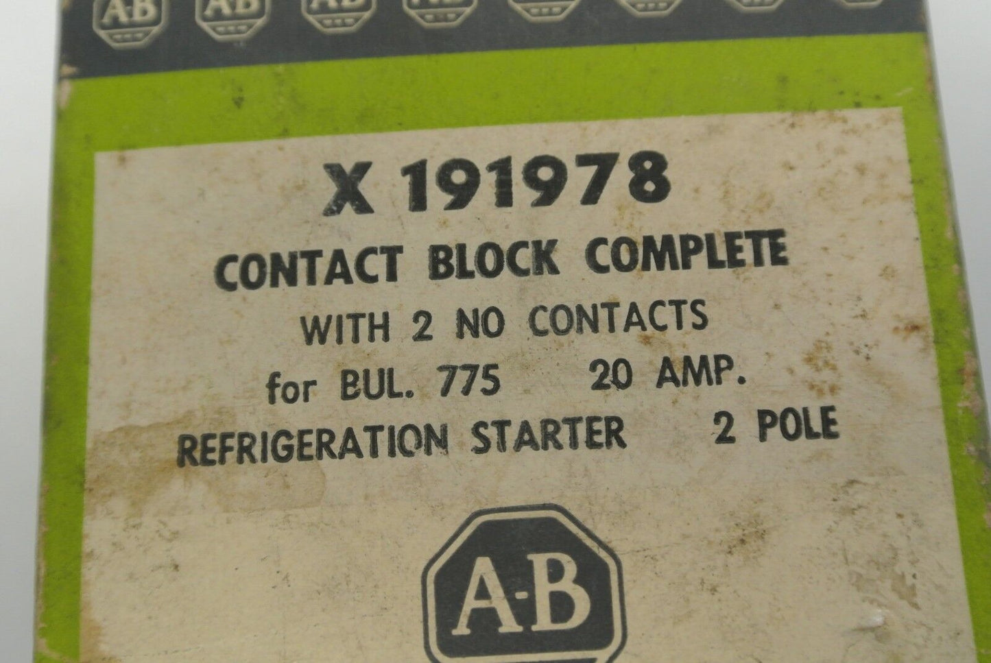 ALLEN-BRADLEY X 191978 CONTACT BLOCK / 2 NO / 20A / REFRIG. STARTER NEW SURPLUS