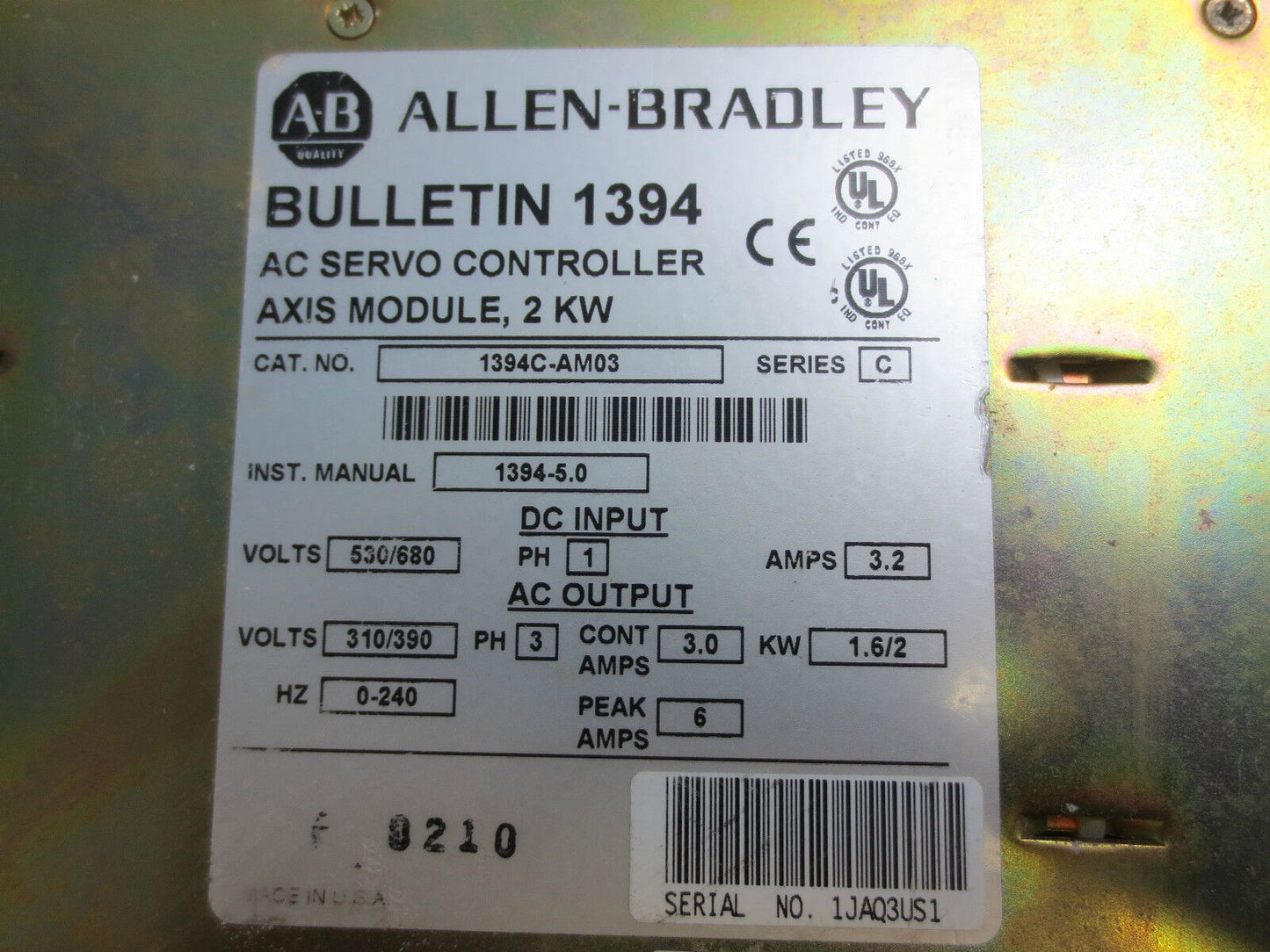 ALLEN-BRADLEY 1394C-AM03 Ser. C - AC SERVO CONTROLLER AXIS MODULE, 2KW
