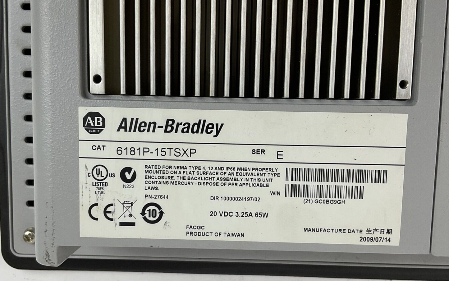 ALLEN BRADLEY 6181P-15TSXP INTERGRATED DISPLAY COMPUTER SER.E DIR.10800024197/02