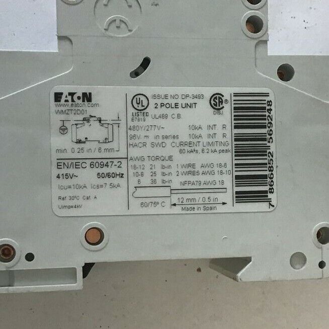 EATON WMZT2D01 CIRCUIT BREAKER 1A 480Y/277VAC 10KA 2POLE 50/60HZ***LOTOF2***