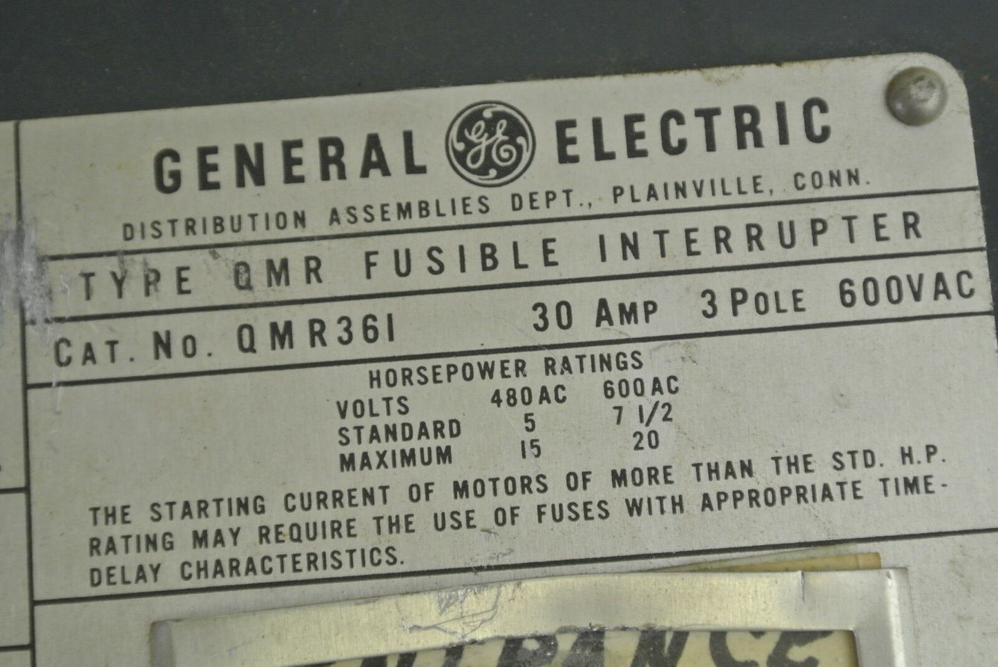 GE QMR361 FUSIBLE QMR-TYPE PANELBOARD / DISCONNECT SWITCH - 600V, 30A, 3-POLE