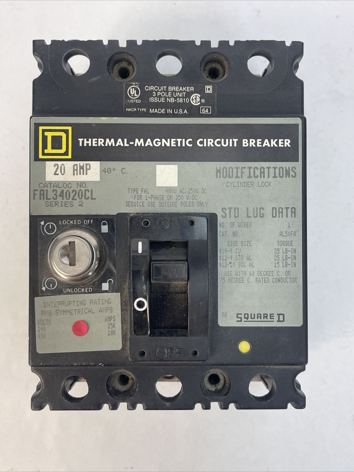 SQUARE D FAL34020CL CIRCUIT BREAKER 20AMP 480VAC 250VDC 3POLE SER 2 *MISSING KEY