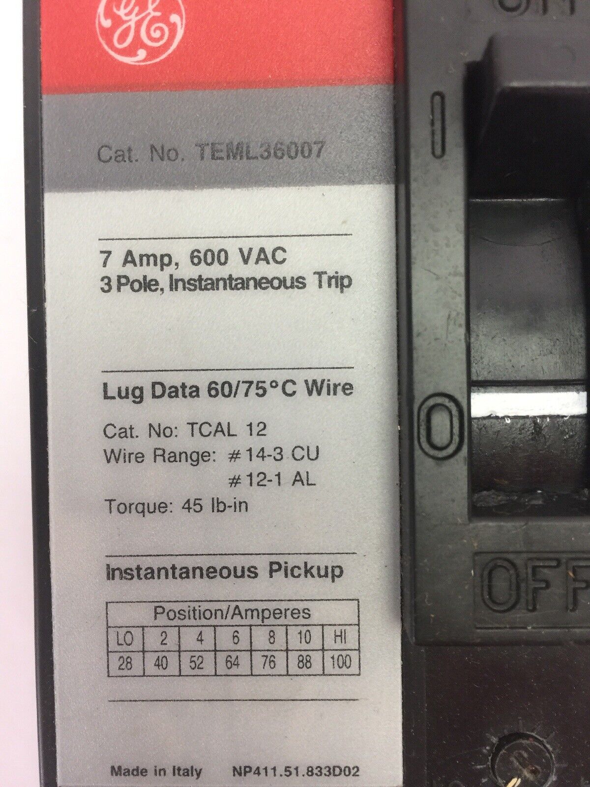GE TEML36007 MAG-BREAK CIRCUIT BREAKER 7AMP 600VAC 3 POLE INSTANTANEOUS TRIP