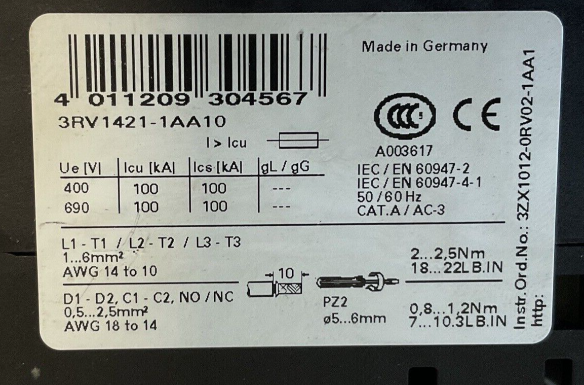 SIEMENS 3RV1421-1AA10 MANUAL MOTOR STARTER CLASS 10 33A 1.1-1.6A ***LOTOF2***