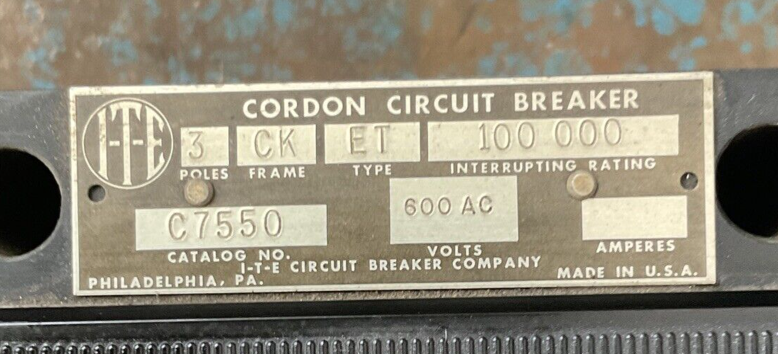 ITE C7550 CIRCUIT BREAKER 3POLE FRAME CK TYPE ET 600VAC W/ ATI-CJ12 FUSES
