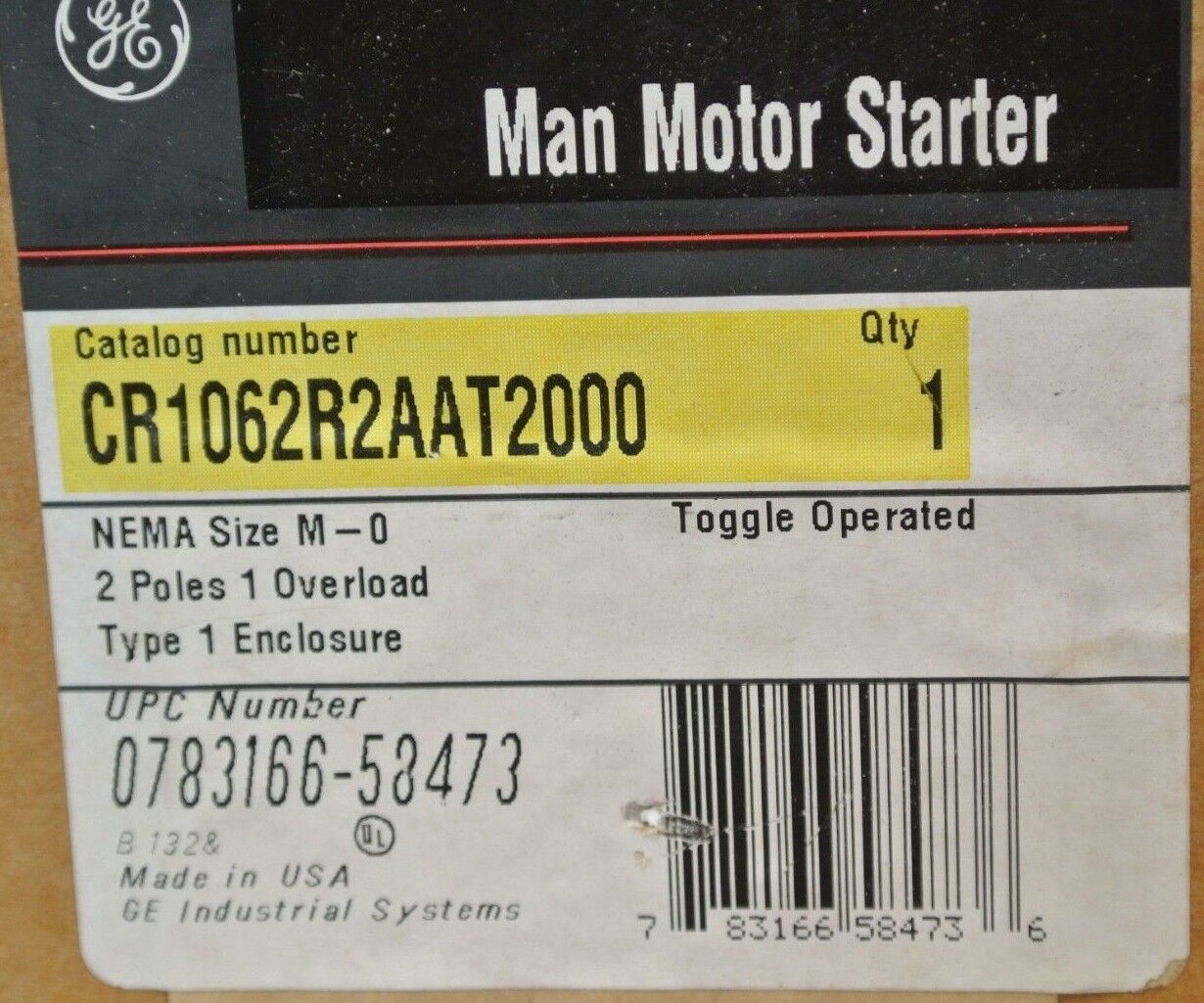 GENERAL ELECTRIC CR1062R2AAT2000 MANUAL MOTOR STARTER, 2-POLE / NEW SURPLUS