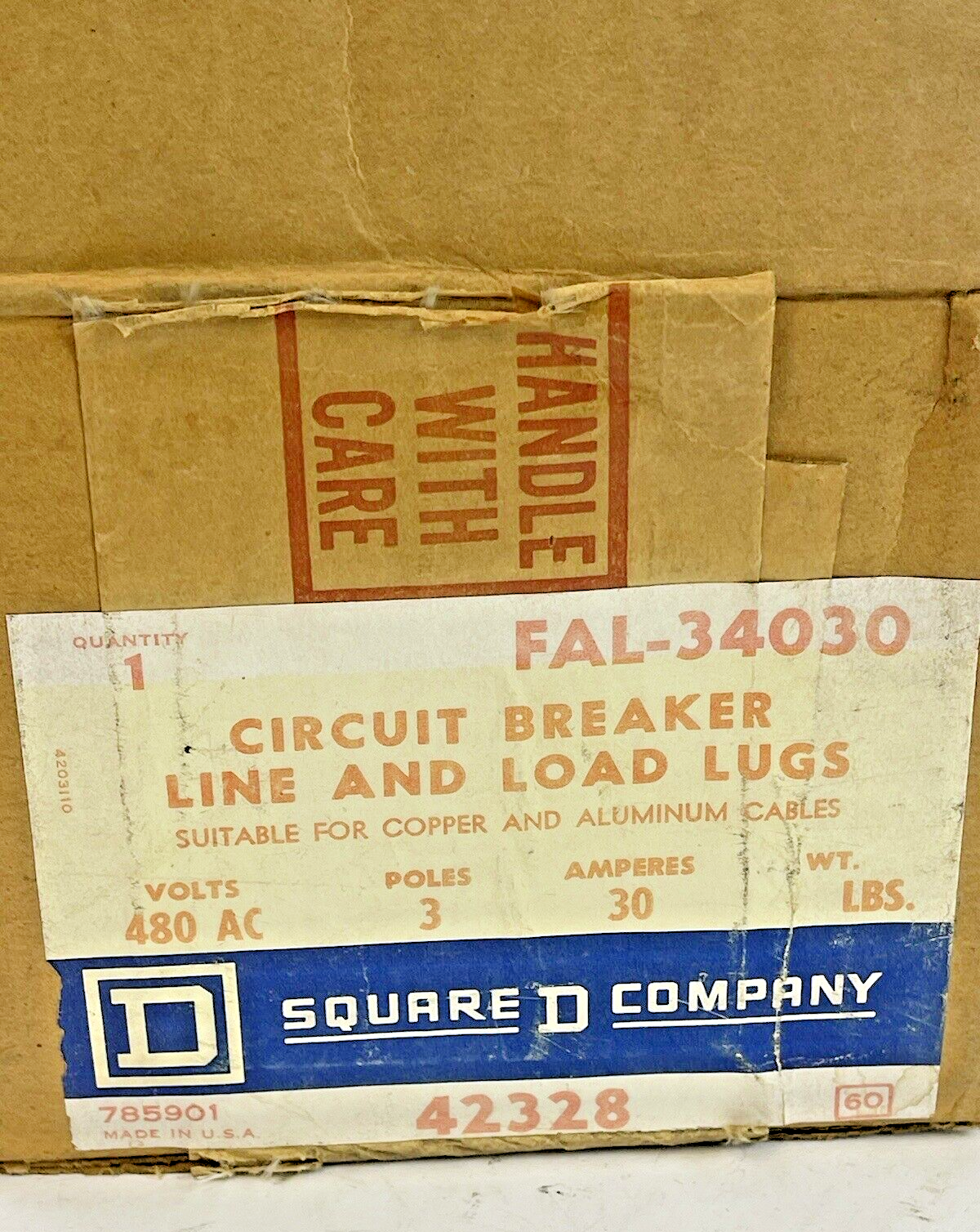 SQUARE D - FAL-34030 - CIRCUIT BREAKER LINE AND LUGS - 30A/3 POLE/ 480 VAC - NEW