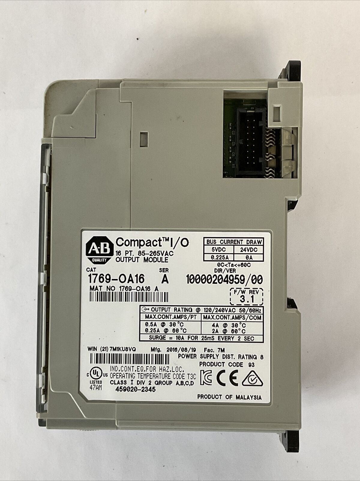 ALLEN BRADLEY 1769-OA16 SER A F/W REV 3.1 DIR/VER 10000204959/00 16PT 85-265VAC