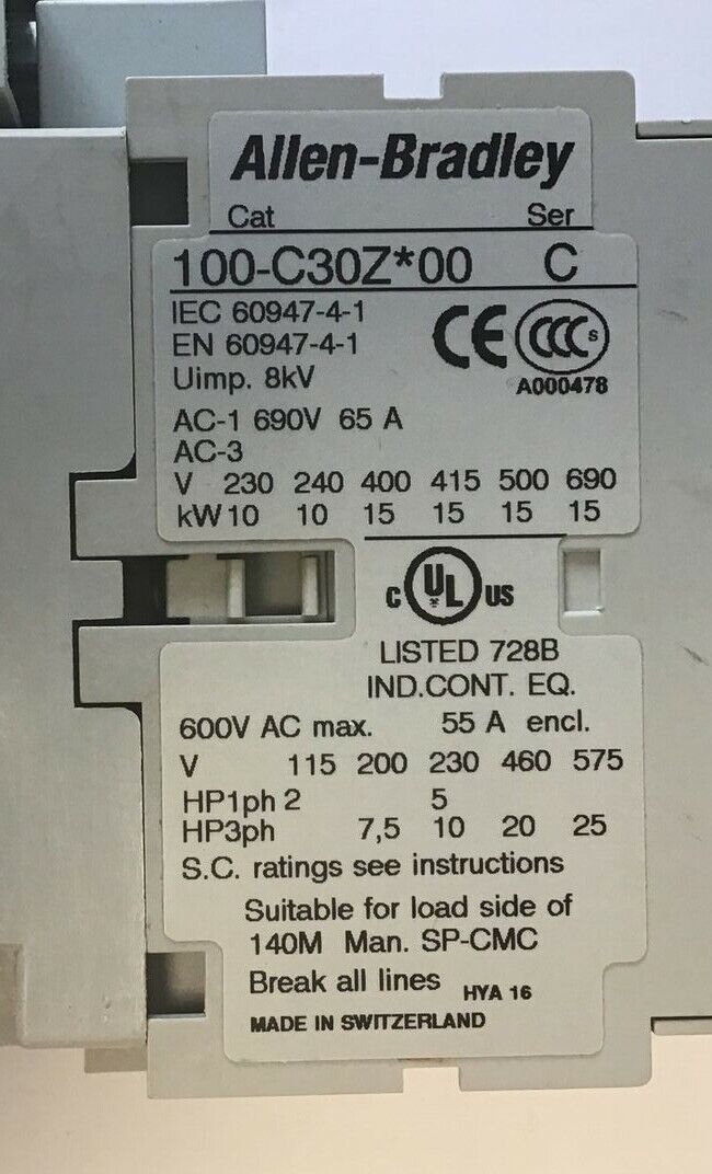 ALLEN BRADLEY 100-C30Z*00 CONTACTOR SER.C 600VAC 55A W/100-S & 100-FSD250