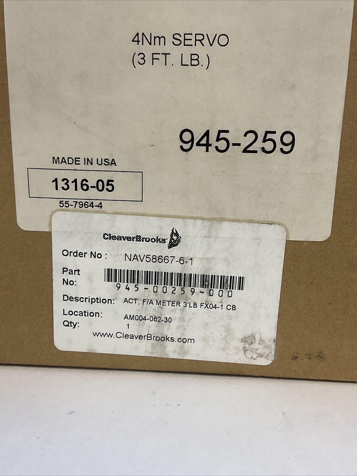 CLEAVER BROOKS 945-00259-000 ACT F/A METER 3'LB FX04-1 CB 4Nm SERVO (3FT.LB)