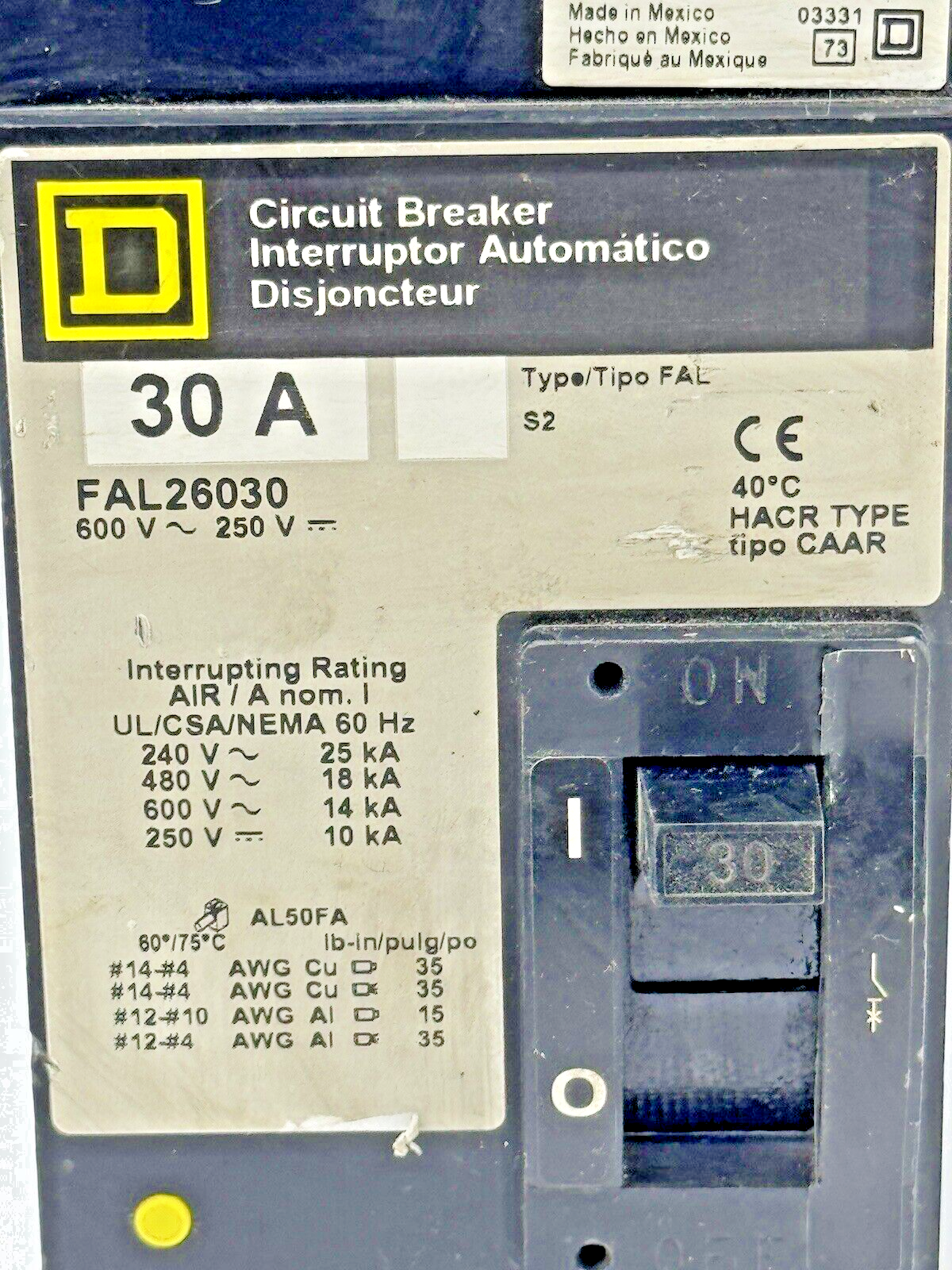 SQUARE D - FAL26030 - CIRCUIT BREAKER - 2 POLE/30A/600VAC/HACR TYPE