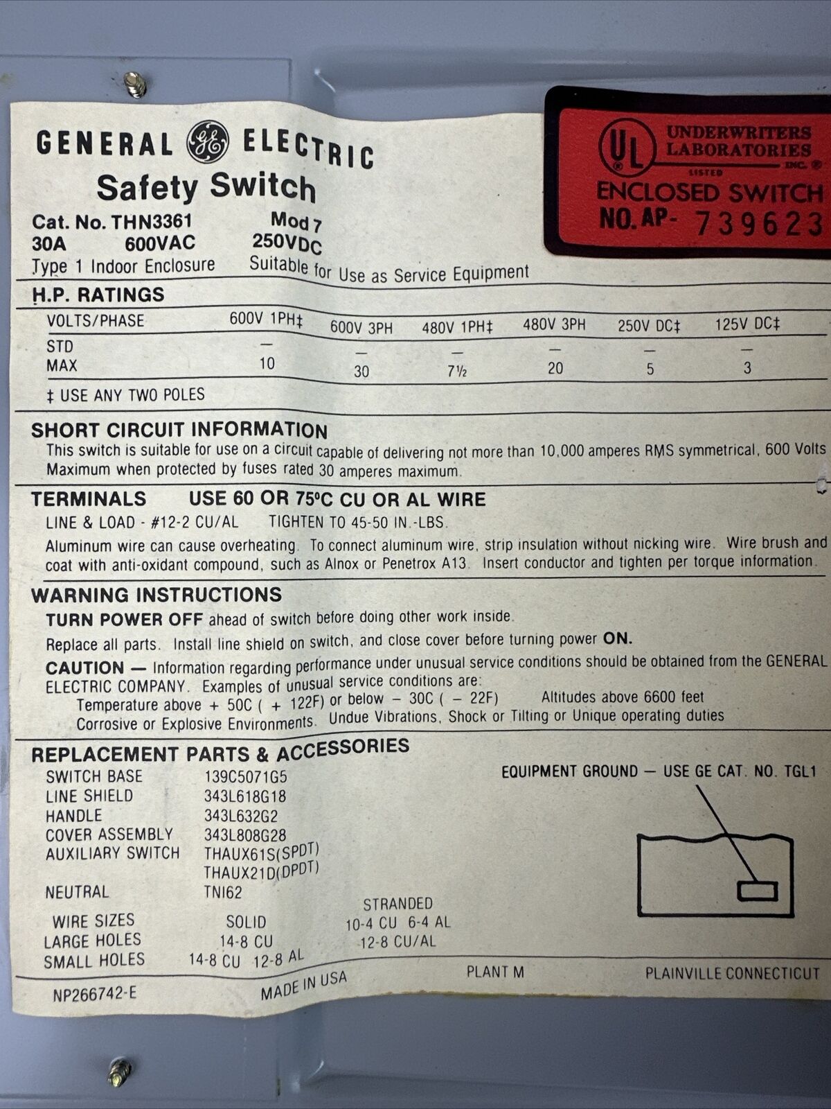 GE THN3361 HEAVY DUTY SAFETY SWITCH 30A MOD 7 600VAC 3PH 30HP 250VDC 5HP TYPE 1