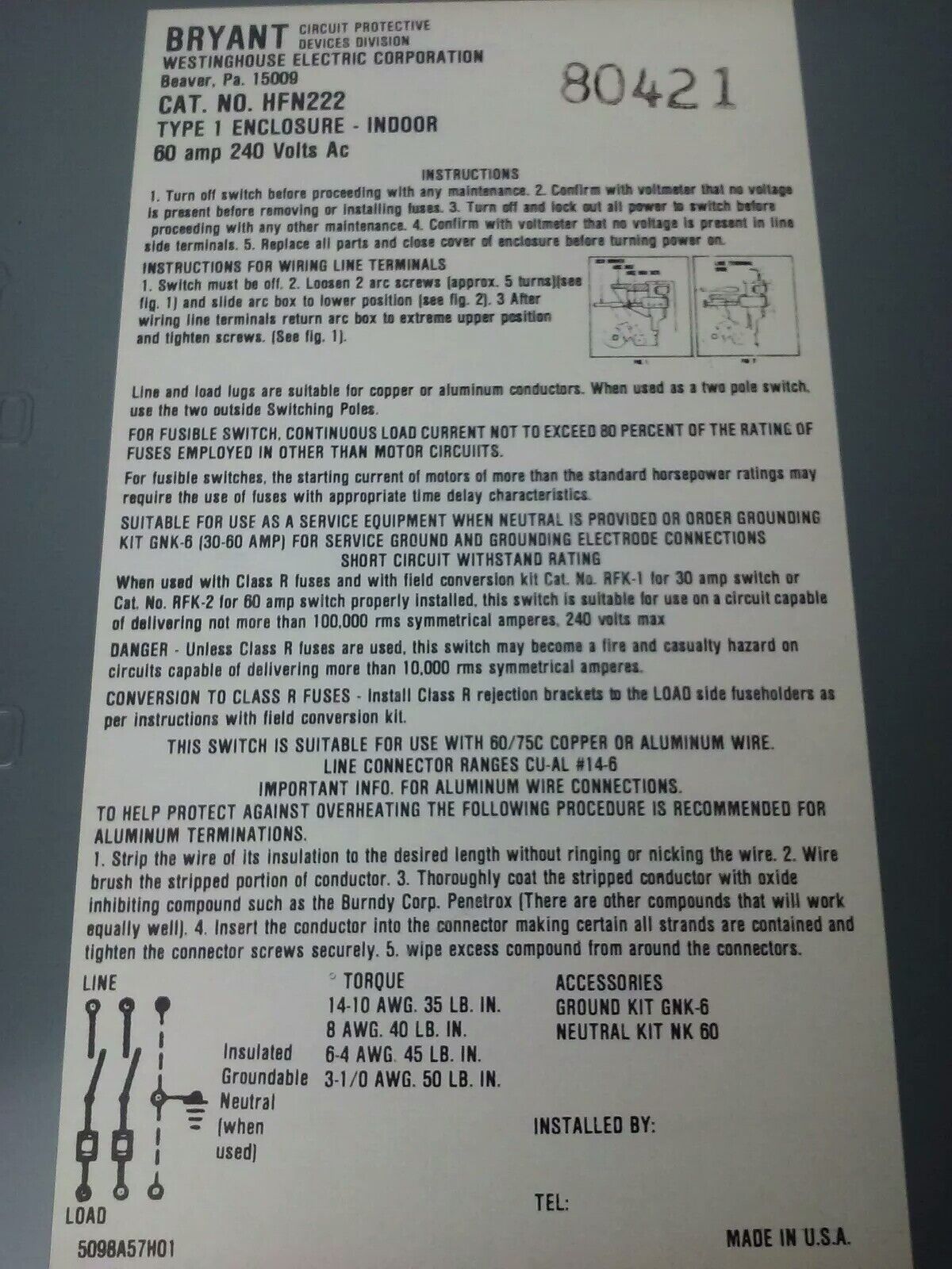 WESTINGHOUSE HFN222 FUSIBLE SAFETY SWITCH 2P, 60A, 240V, TYPE 1 INDOOR, 10HP