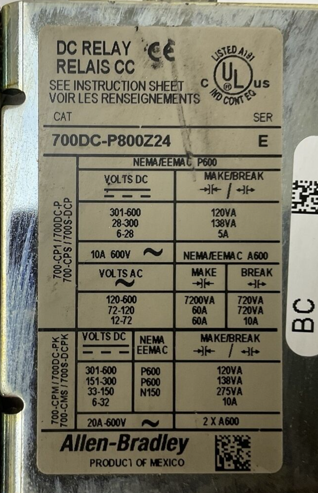 ALLEN BRADLEY 700DC-P800Z24 DC RELAY SER E COIL 24VDC