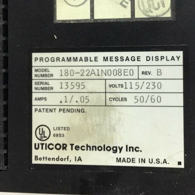 UTICOR PROGRAMMABLE MESSAGE DISPLAY 180-22A1N008E0 REV B 115/230V .1/.05AMP
