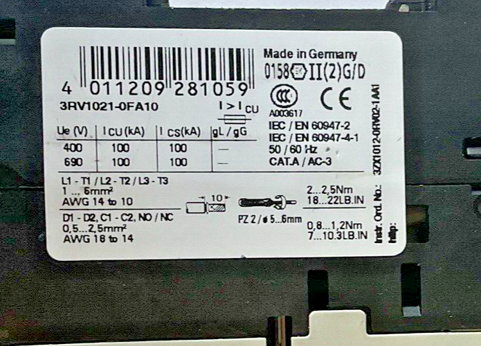 SIEMENS 3RV1021-0FA10 MOTOR CONTROL 3RV1901-1E 6,5A 277V