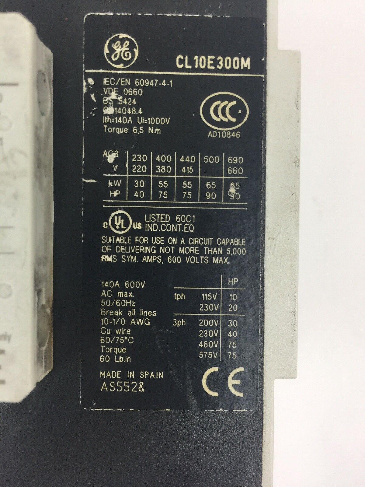 GE CL10E300M CONTACTOR LB4ED COIL 24-28VAC/DC 50/60HZ BCLL11 & BCLL20 AUX CONTAC