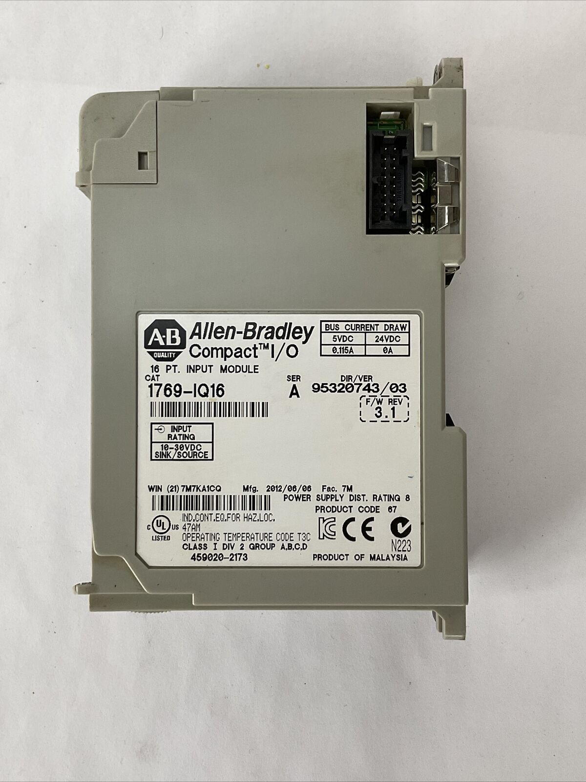 ALLEN BRADLEY 1769-IQ16 SER A F/W REV 3.1 DIR/VER 95320743/03 16PT INPUT MODULE