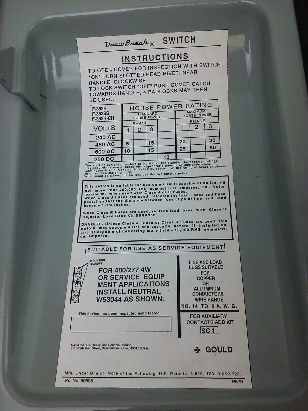 ITE GOULD F352H, ENCLOSED SWITCH, 60A, 600V, FUSIBLE, TYPE 12, 3PH, 30 MAX H.P.
