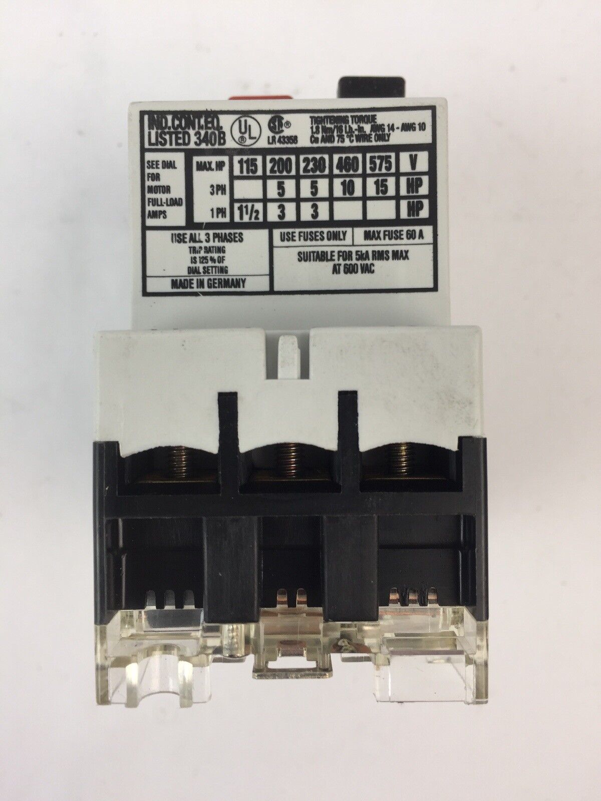 KLOCKNER MOELLER PKZM1-20 NA MANUAL MOTOR STARTER 16-20A 600VAC 15HP 3 PHASE