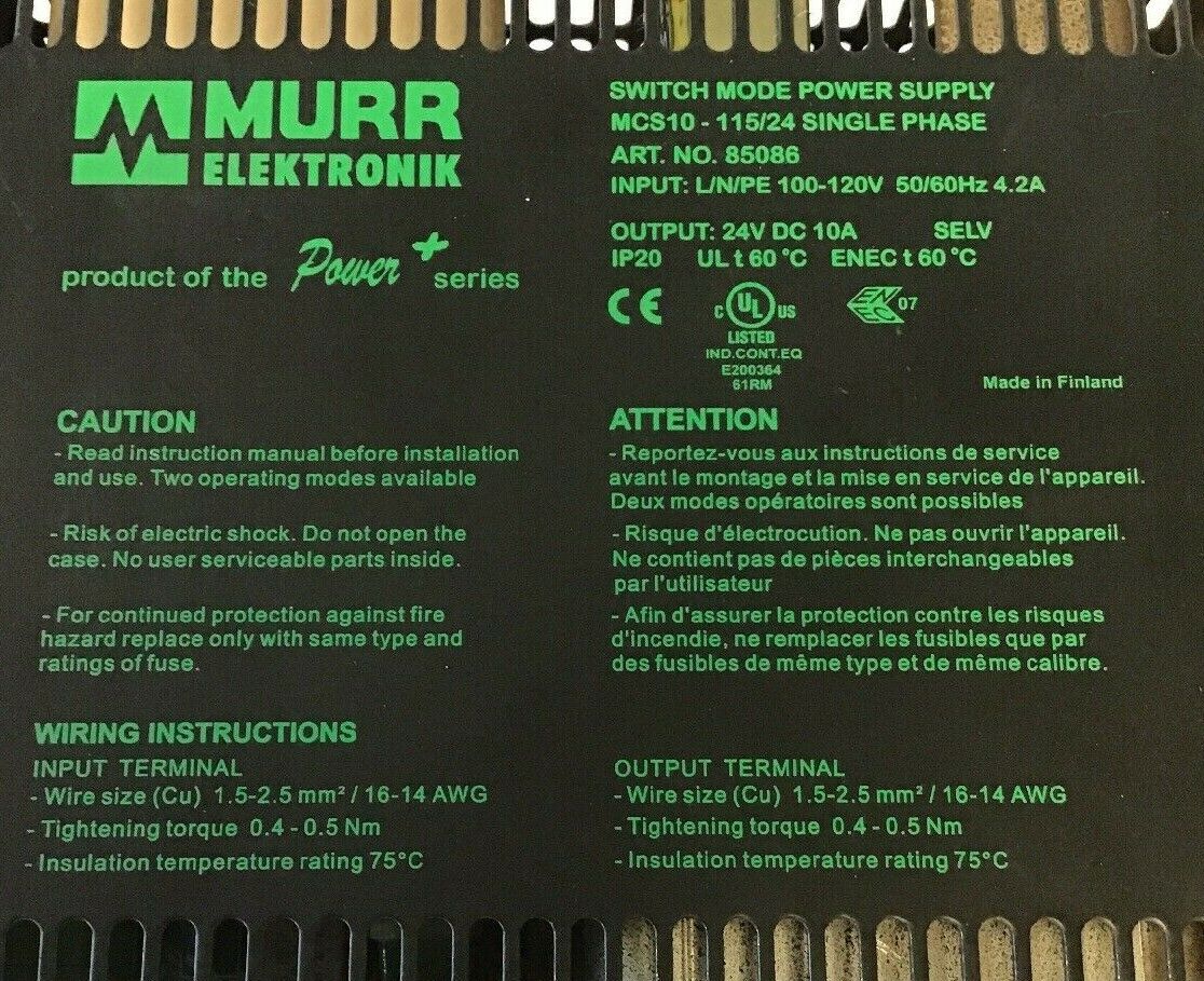 MURR MCS10-115/24 SINGLE PHASE SWITCH MODE POWER SUPPLY 100-120V 50/60Hz