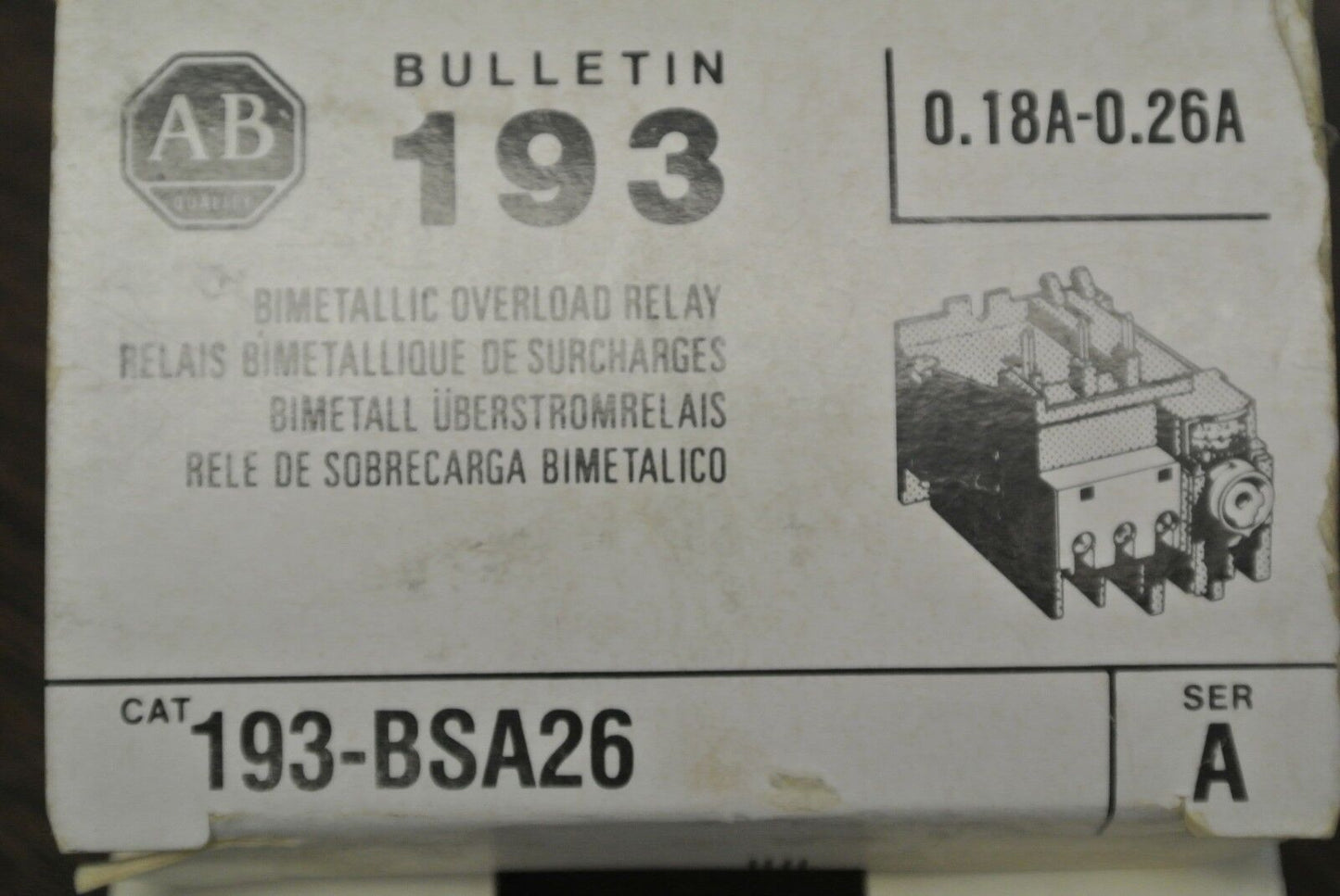 ALLEN-BRADLEY 193-BSA26 BI-METALLIC OVERLOAD RELAY 0.18A-0.26A / NEW SURPLUS